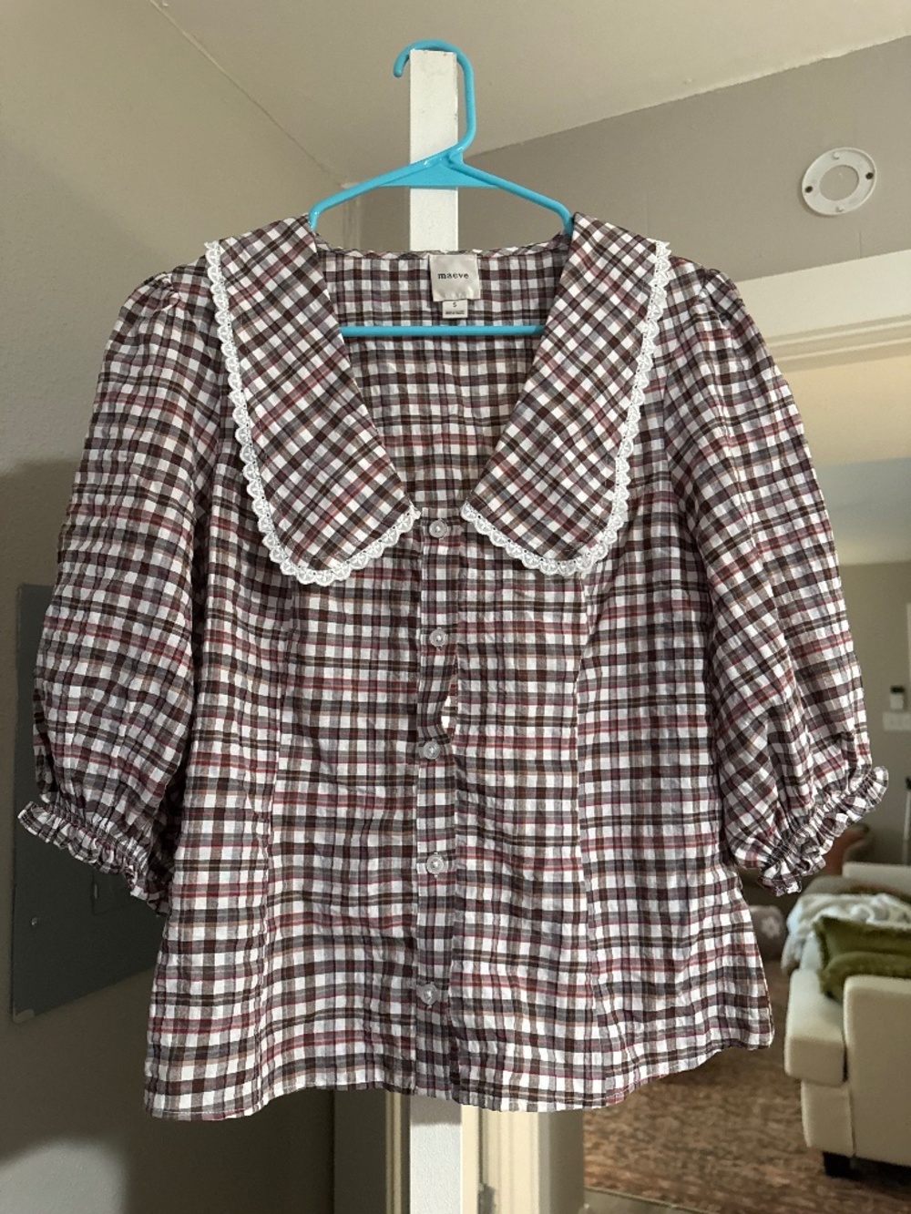 Maeve Anthropologie/Maeve Brown Plaid Lace Collar Puff Sleeve Blouse Size S